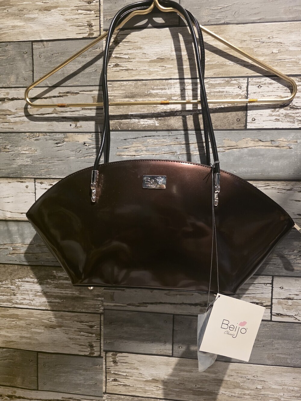 Beijo Glossy Chocolate Brown Fan-Shaped Shoulder Bag